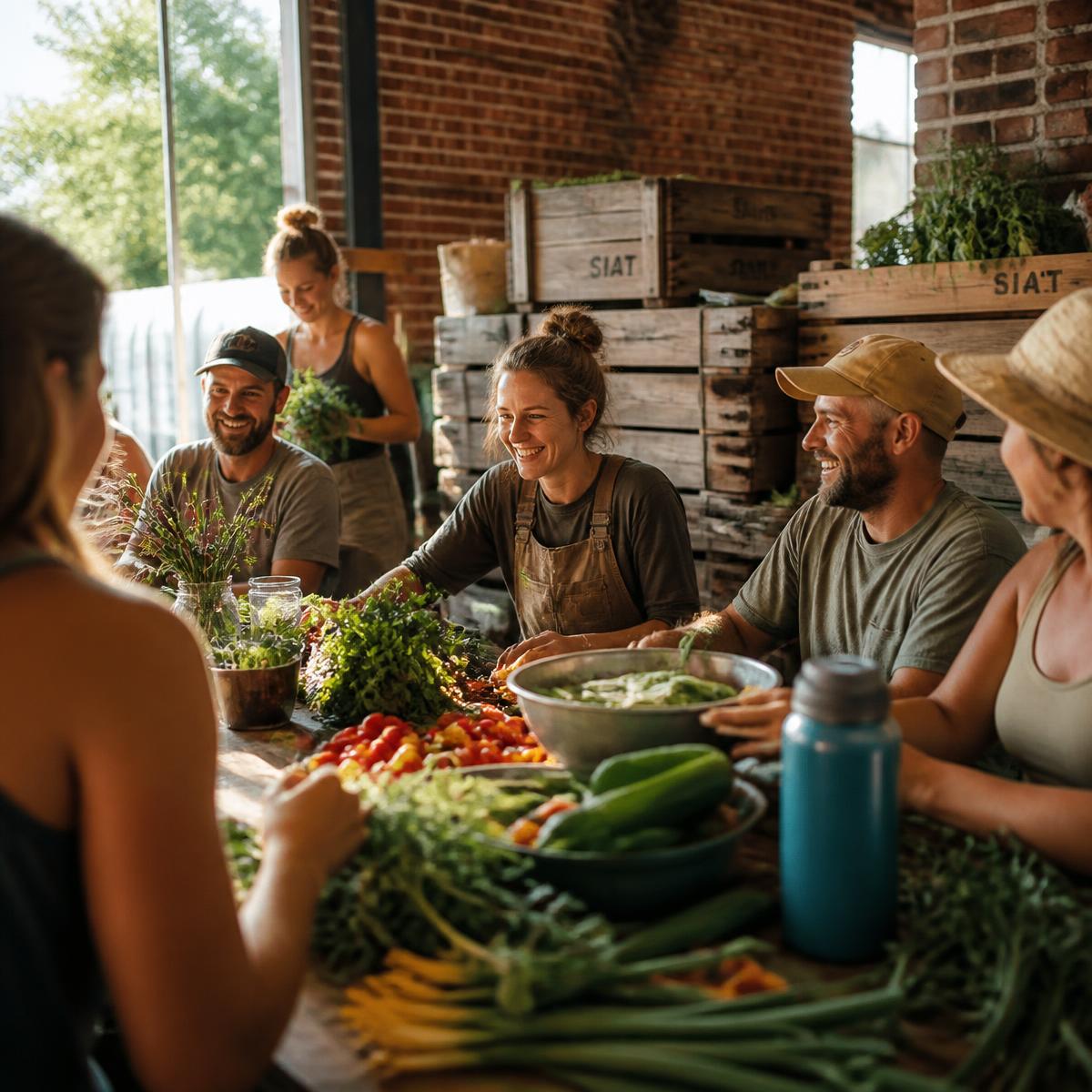 Vecinos y agricultores reunidos alrededor de una mesa de verduras frescas en una nave soleada